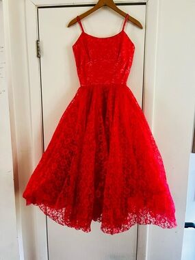 VTG 1950s Red Lace Rockabilly Handmade Pin Up Retro Wedding Guest Dress Xxs
